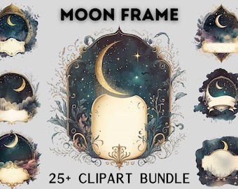 Paquete de imágenes prediseñadas de marco de luna vintage celestial de acuarela, estrellas doradas y negras, imágenes prediseñadas de borde de imagen, estética oscura, etiqueta vintage