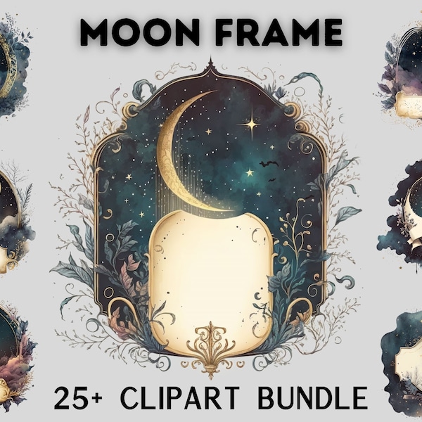 Watercolour Celestial Vintage Moon Frame Clipart bundle, gold and black stars, image border clipart, dark aesthetic, vintage label