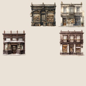 Watercolour Vintage Georgian London houses clipart bundle, retro building png,bookstore png, bakery , transparent, digital sticker image 6