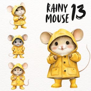 May include: Three illustrations of cute mice wearing yellow raincoats. The mice have big ears and are drawn in a cartoon style. The text "Rainy Mouse 13" is written in black at the top of the image.