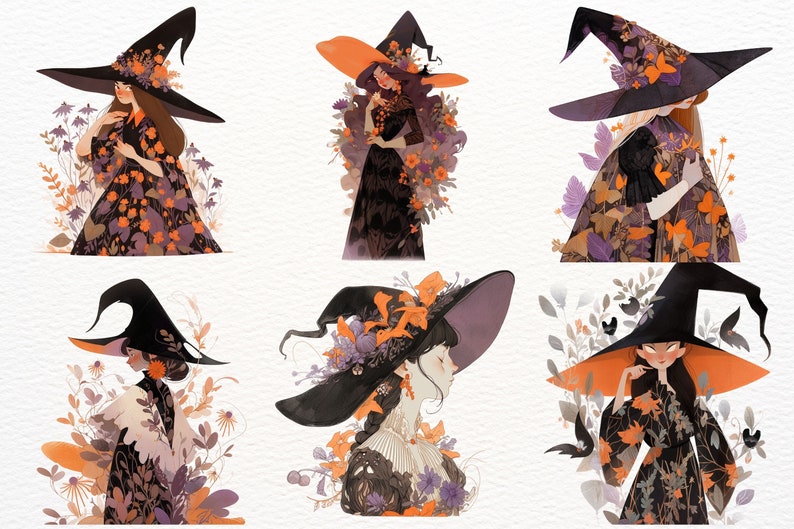 Vintage Halloween Witches clipart bundle, chic clipart, folk art, abstract, scary clipart, autumn clipart, wiccan clipart, occult, scrapbook image 5