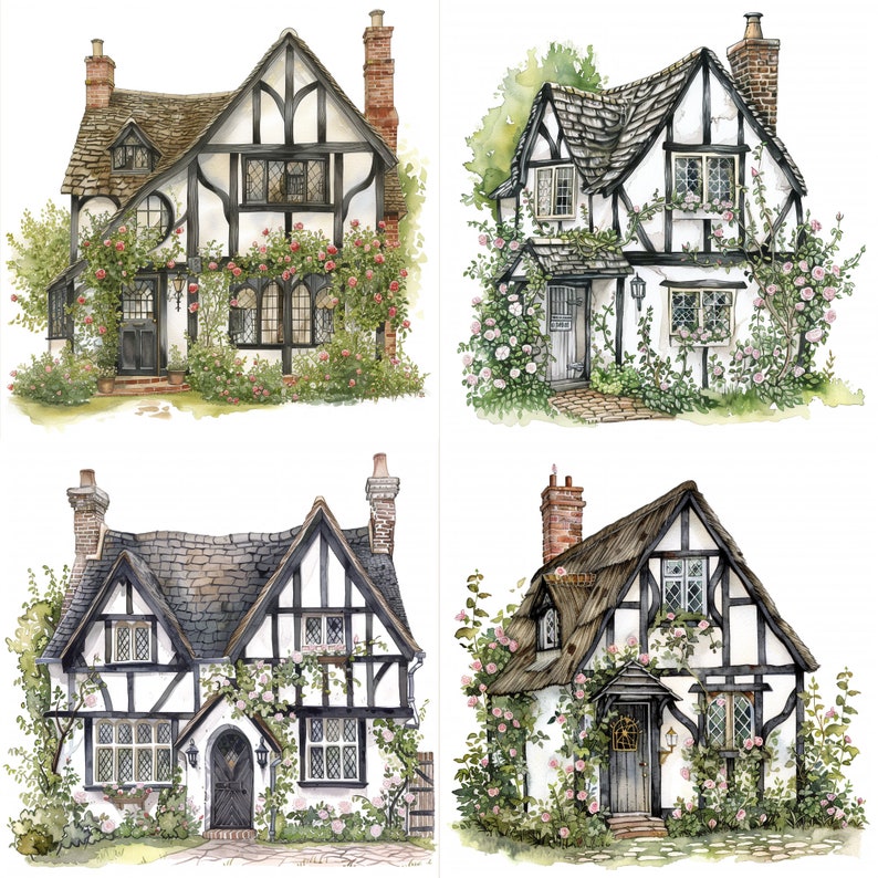 May include: Four watercolor illustrations of charming, white, half-timbered cottages with black trim, each with a unique design and surrounded by lush greenery.