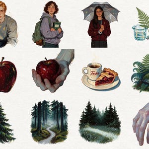 May include: A collection of twelve digital illustrations featuring a person with blonde hair, a student with a backpack, a person with an umbrella, a microscope with a fern, a red apple, a hand holding an apple, a coffee cup labeled Forks with pie, ferns, a pine tree, a forest path, a meadow, and a hand.