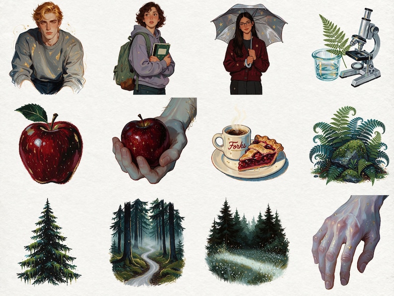 May include: A collection of twelve digital illustrations featuring a person with blonde hair, a student with a backpack, a person with an umbrella, a microscope with a fern, a red apple, a hand holding an apple, a coffee cup labeled Forks with pie, ferns, a pine tree, a forest path, a meadow, and a hand.