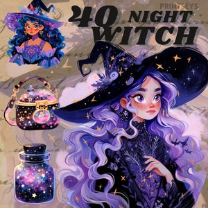 Zauberhafte Midnight Hexe digitaler Aufkleber, Mythisch png, Märchen, transparent, sofort download, dnd, okkult, Sternenklare Nacht Wicca Clipart
