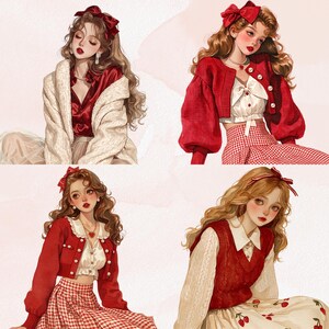 May include: Four illustrations of women in various outfits. The outfits include red cardigans, white blouses, and gingham skirts. Each woman has long, wavy hair and wears a red bow. The style is reminiscent of vintage fashion.