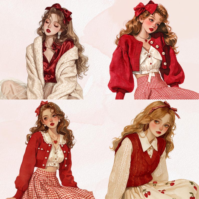 May include: Four illustrations of women in various outfits. The outfits include red cardigans, white blouses, and gingham skirts. Each woman has long, wavy hair and wears a red bow. The style is reminiscent of vintage fashion.