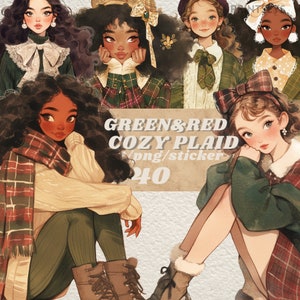 Könnte beinhalten: Digitaler Clipart-Satz mit fünf Illustrationen von Mädchen mit grün-roten Karomustern. Die Mädchen tragen Winterkleidung und haben verschiedene Frisuren. Der Text "GREEN&RED COZY PLAID /png/sticker 40" befindet sich am unteren Rand des Bildes.