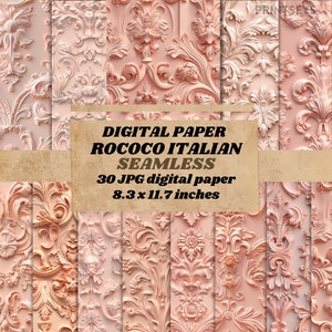 May include: A digital paper pack with 30 seamless patterns featuring a pink and white rococo Italian design. The patterns are 8.3 x 11.7 inches.