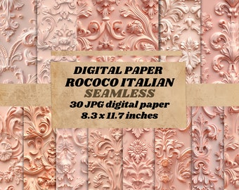 Italienisches Rokoko Muster, digitaler Papier, barocker Pfirsich Rosa nahtloser nahtloser Scrapbooking Hintergrund, romantische Vintage Textur, sofort download