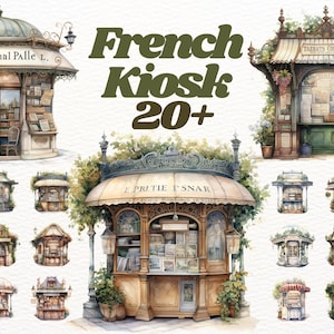Aquarel Franse krant Kiosk clipart bundel, vintage clipart, sprookjesachtige clipart, koffieshop clipart, Franse clipart, scrapbooking