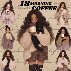gemütliches Mädchen trinkt Morgenkaffee Clipart Bundle, digital Aufkleber Kaffeezeit, png, scrapbooking, esspresso, digital Aufkleber, transparent