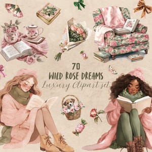Pacchetto di clipart di rose selvatiche femminili autunnali, adesivi floreali invernali per diari, libri, topo di biblioteca, Cottagecore png, download digitale, commerciale
