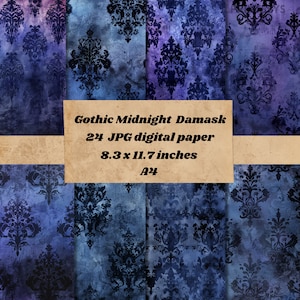 Carta digitale damascata gotica invecchiata, carta rustica vintage strutturata, texture grunge per scrapbooking, download istantaneo di carta indaco e nera