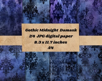 Distressed Gothic Damask Digital Paper, rustic vintage textured paper, scrapbooking grunge textures, Indigo and black paper instant download