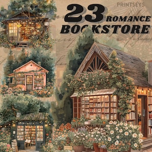 ロマンス書店クリップアートバンドル、書店、水彩画店のイラスト、かわいい書店、デジタルステッカー、商用利用、スクラップブッキング