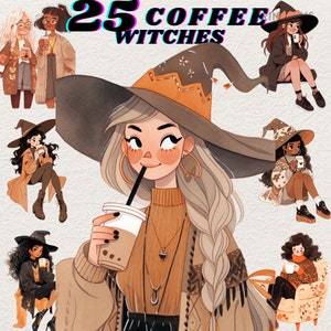acogedor paquete de imágenes prediseñadas de Coffee Witch, pegatina digital de la hora del café, png, scrapbooking, esspresso, imágenes prediseñadas de invierno, transparente, wicca lindo