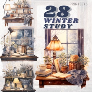 Accogliente pacchetto di clipart Winter Study, journaling , vintage, scrapbooking, libri, fiori, inverno trasparente e accogliente, cottagecore, download istantaneo