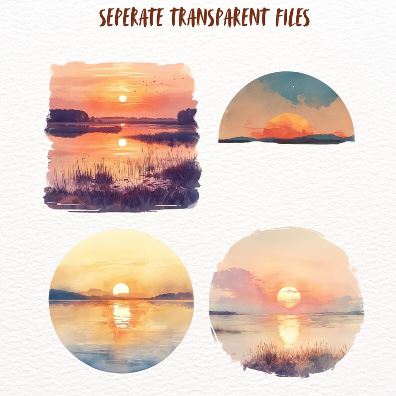 May include: Four watercolor paintings of sunsets over a lake. The paintings are in a variety of shapes and sizes, and each features a different color palette. The sunsets are all vibrant and colorful, and the lakes are calm and serene.
