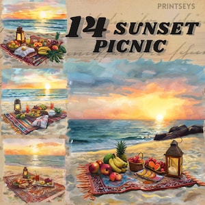 Gezellige Sunset Picnic digitale stickerbundel, zomerdate-vibes, aan zee, romantische picknickclipart, picknickmand, journaling