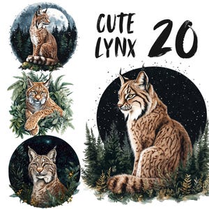 Könnte beinhalten: Drei Aquarell-Illustrationen eines Luchses in einer Waldlandschaft. Die Luchse sind braun und beige mit schwarzen Flecken. Der erste Luchs sitzt in einem mondbeschienenen Wald, der zweite Luchs sitzt in einem grünen Wald und der dritte Luchs sitzt in einem Wald mit einem sternenklaren Nachthimmel. Der Text "Cute Lynx 20" ist in Schwarz auf weißem Hintergrund geschrieben.