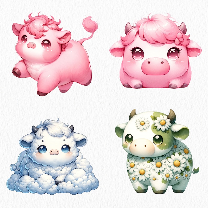Pu&ograve; includere: Quattro mucche di cartone animato con diversi design. Una &egrave; rosa con un fiocco rosa, un'altra &egrave; rosa con macchie bianche, una &egrave; bianca con un corpo soffice blu e un'altra &egrave; bianca con macchie verdi e margherite bianche.