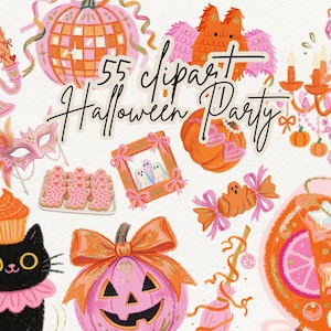 May include: A collection of Halloween-themed digital illustrations featuring a black cat, pink and orange pumpkins, a chandelier, a masquerade mask, ghost cookies, and a punch bowl with the text 55 clipart Halloween Party centered in black script.