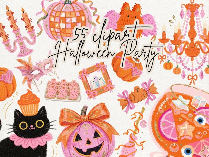 May include: A collection of Halloween-themed digital illustrations featuring a black cat, pink and orange pumpkins, a chandelier, a masquerade mask, ghost cookies, and a punch bowl with the text 55 clipart Halloween Party centered in black script.