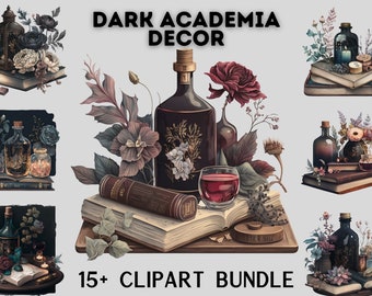 Aquarela Dark Academia decor Clipart pacote, png, vela, livro, floral, mistério, fantasia clipart, esculturas