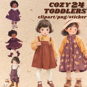 May include: Digital clipart of four toddlers wearing different outfits. The toddlers are wearing brown, purple, and yellow clothing. The image is labeled "Cozy 24 Toddlers clipart/png/sticker".