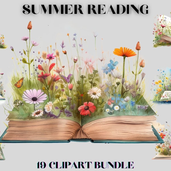 Watercolour summer reading clipart bundle, book clipart, wildflowers, meadow reading, meadow clipart, bookworm, reader