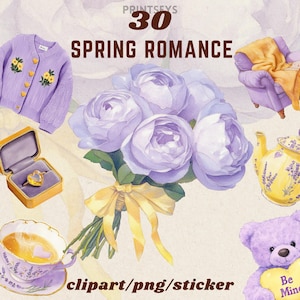 Romantische lente digitale stickerset, Valentijnsdag png, transparante journaling kit, lavendel clipart set, romantische clipart bundel, scrapbooking