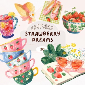 Zestaw naklejek Strawberry Dreams Clipart leniwy dzień letnie naklejki goodnote transparentne png dziennik scrapbooking chill vibes grafika