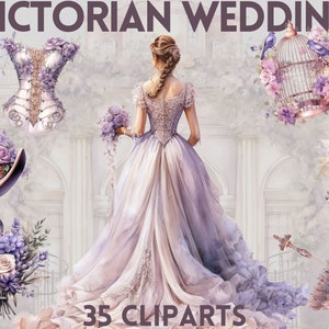 Paquete de imágenes prediseñadas de boda lila victoriana de acuarela, boda vintage, imágenes prediseñadas lilas, imágenes prediseñadas vintage, imágenes prediseñadas lilas y doradas, dama de honor