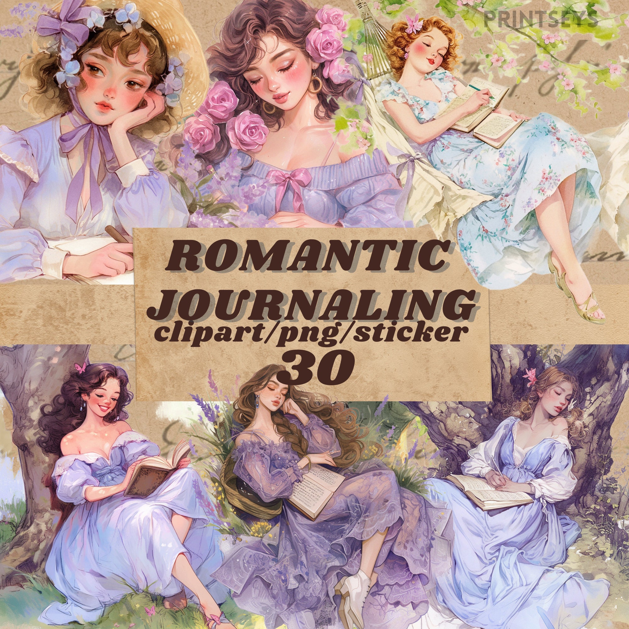 Romantic journaling digital stickers, feminine  journaling clipart, romantic girly png, whimsical sticker, transparent, scrapbook, bookish