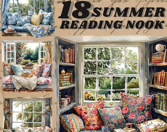 May include: A watercolor illustration of a cozy reading nook with a window seat, bookshelves, and pillows. The window looks out onto a lush green garden. The text "18 SUMMER READING NOOK" is written in black letters on a brown background.
