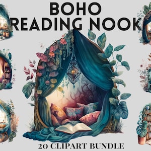Watercolour Boho Bookworm cozy reading corner clipart bundle, bookshelf, bookcase, aesthetic, png, clipart bundle, library, interiour