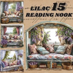 Coin lecture cottage lilas aquarelle, lot de cliparts, coin lecture d'été, instantané, sticker numérique, lecture, livres, cottagecore png thumbnail