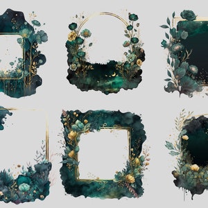 May include: Six digital illustrations of gold frames with green and gold floral accents. The frames are set against a dark green watercolor background with gold glitter.