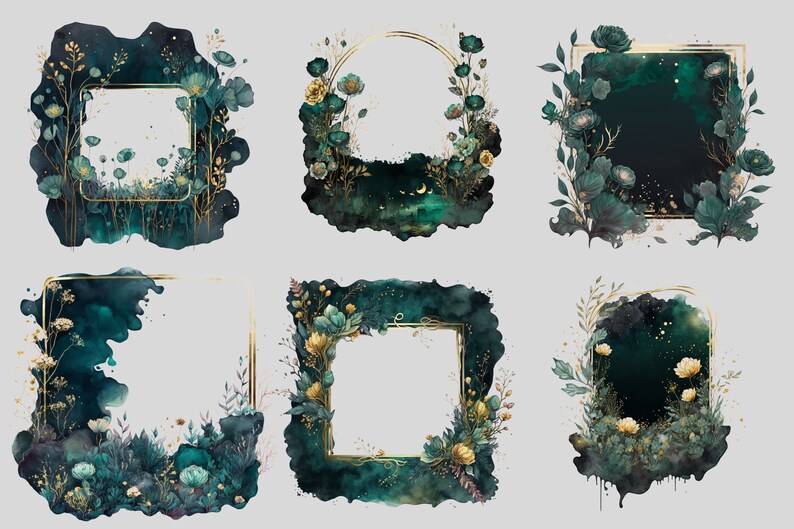 May include: Six digital illustrations of gold frames with green and gold floral accents. The frames are set against a dark green watercolor background with gold glitter.