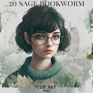 Watercolour Sage Green Bookworm set clipart bundle, bookshelf, bookcase, aesthetic, png, clipart bundle, library, interiour, fantasy