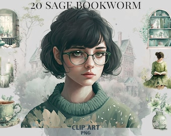 Watercolour Sage Green Bookworm set clipart bundle, bookshelf, bookcase, aesthetic, png, clipart bundle, library, interiour, fantasy