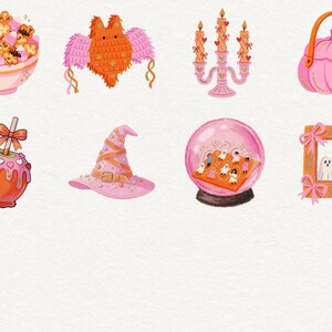 May include: A collection of eight digital illustrations featuring a bowl of popcorn and candy, an orange bat with pink wings, a pink candelabra, a pink pumpkin purse, a candy apple, a pink hat, a crystal ball with ghosts, and a framed ghost portrait.