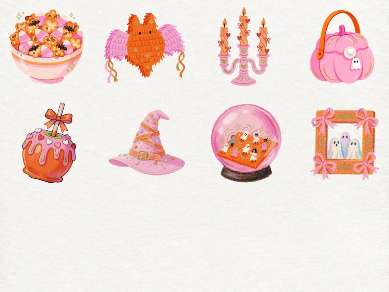 May include: A collection of eight digital illustrations featuring a bowl of popcorn and candy, an orange bat with pink wings, a pink candelabra, a pink pumpkin purse, a candy apple, a pink hat, a crystal ball with ghosts, and a framed ghost portrait.