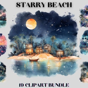 Acuarela Tropical Beach por la noche, paquete de imágenes prediseñadas, vibraciones de verano, imágenes prediseñadas de noche estrellada, imágenes prediseñadas mágicas, caprichosas y tropicales