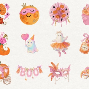 May include: A collection of twelve digital illustrations featuring a gramophone with ghosts, a sleeping moon, a pumpkin fan, a cupcake, roses in a boot, a ghost with a heart balloon, a ballerina ghost, two bottles labeled giggles and mischief, a pumpkin carriage, a BOO banner, a pink mask, and a spider with a teacup.