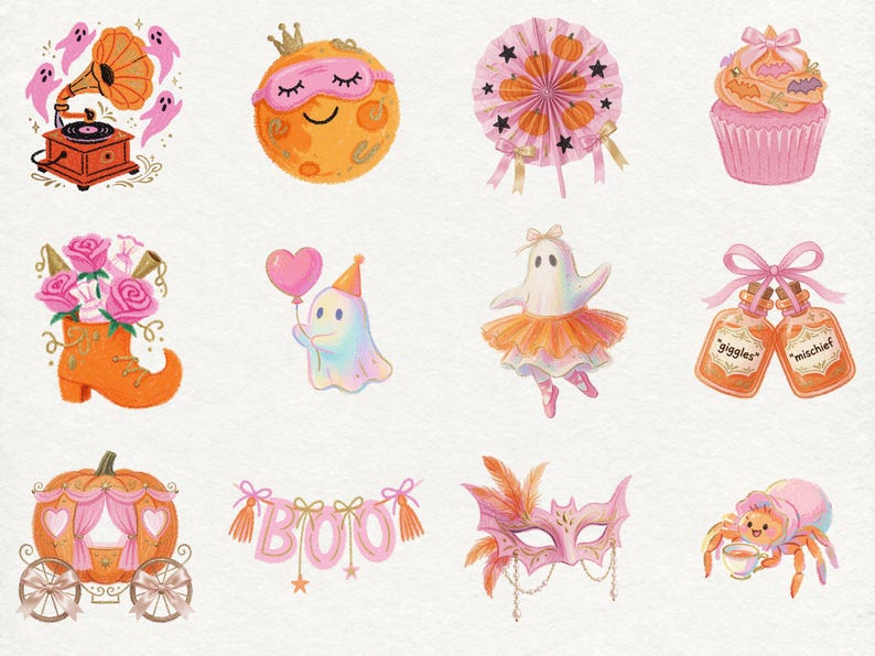 May include: A collection of twelve digital illustrations featuring a gramophone with ghosts, a sleeping moon, a pumpkin fan, a cupcake, roses in a boot, a ghost with a heart balloon, a ballerina ghost, two bottles labeled giggles and mischief, a pumpkin carriage, a BOO banner, a pink mask, and a spider with a teacup.