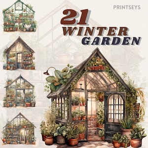 Pacote aconchegante de clipart do forte Winter Garden, cottagecore, scrapbooking, livros, estufa, transparente, inverno aconchegante, cottagecore, plantas de casa