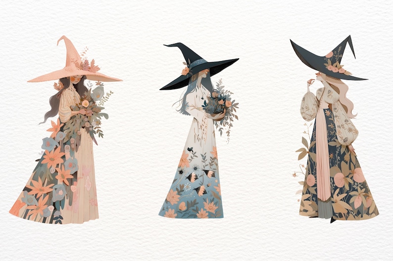 May include: Three witches wearing floral dresses and pointed hats. Each witch is holding a bouquet of flowers. The witches are standing on a white background.