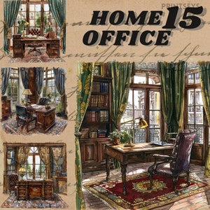 Pacchetto di clipart per ufficio vintage con soldi vecchi dell'acquerello, angolo di lettura estivo, adesivo digitale istantaneo, lettura, libri, png per ufficio vintage